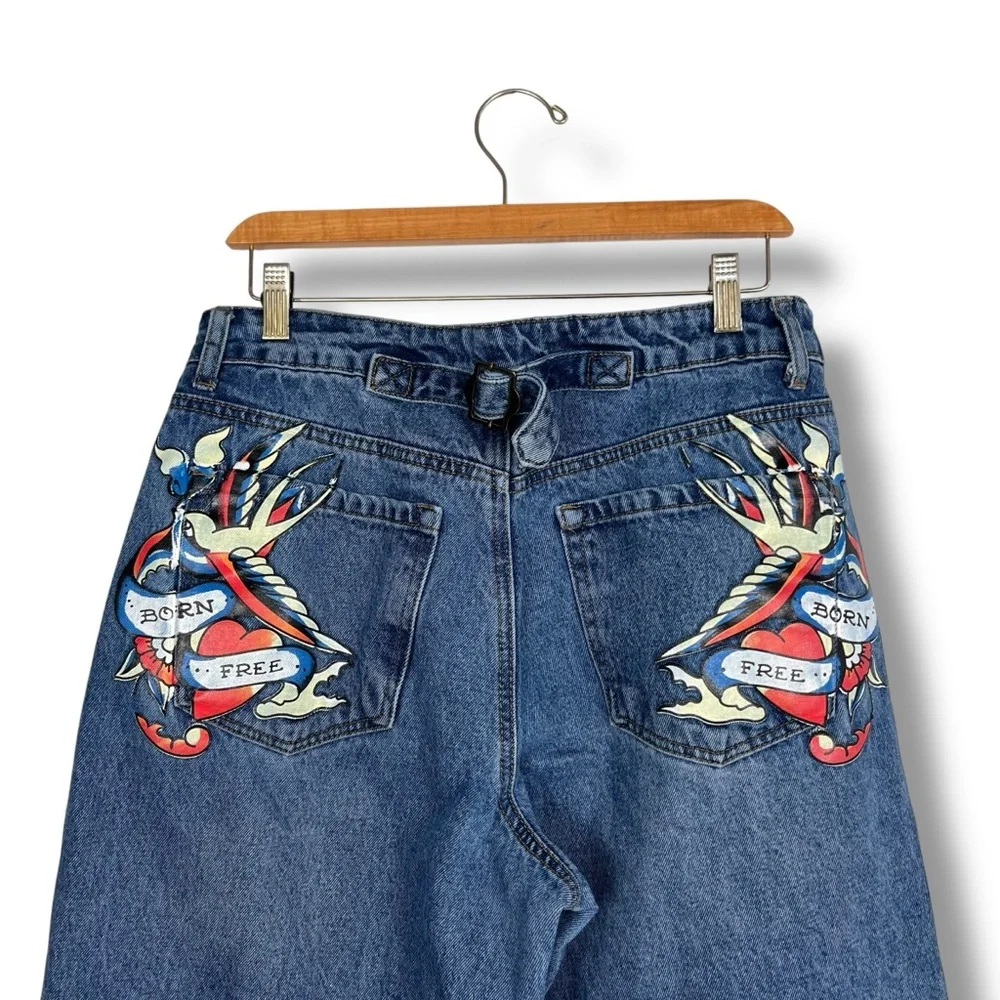 Ed Hardy Jeans Y2K Loose Baggy Wide Leg Born Free Painted Buckle Back 30 Heart